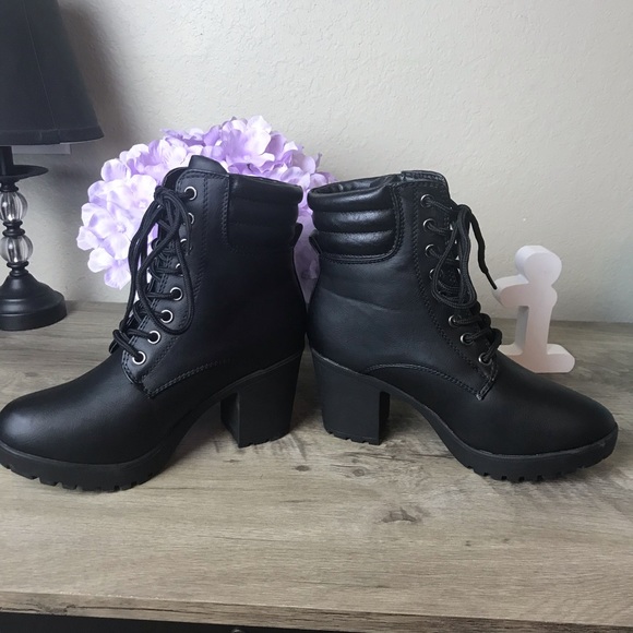 Shoes - Black Military Style Lug Heel Booties